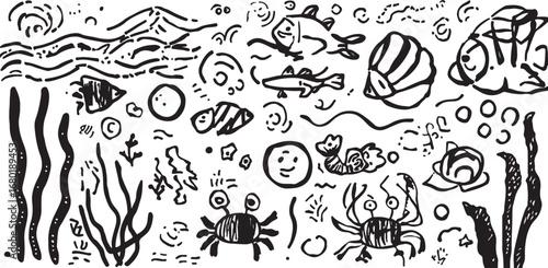 Doodle ocean scene with sea creatures and plants featuring fish crabs bubbles and seaweed in playful black and white illustration