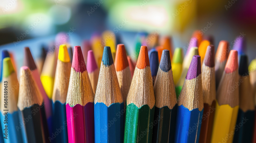 Fototapeta premium A close-up of a colorful array of pencils, with a blurred background.