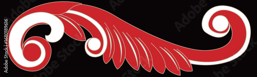 Red and white decorative flourish featuring a graceful flowing design.