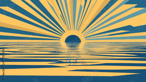 Radiant sunrise over calm water with mountain silhouettes vector illustration for peaceful mornings