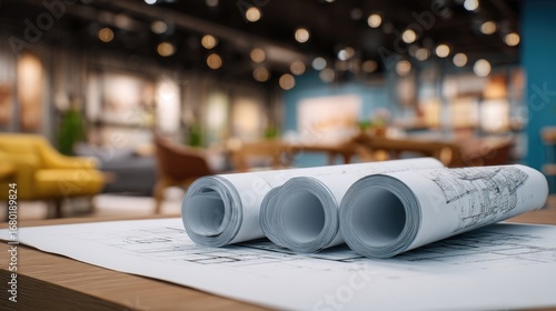 Rolled blueprints on a table in a modern interior
