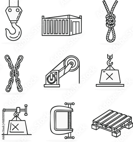 The image displays a comprehensive collection of line art icons representing essential industrial, lifting, and shipping equipment for various logistical operations.