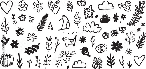 Doodle style vector seamless pattern with flowers leaves animals hearts clouds and other elements in black and white for creative backgrounds