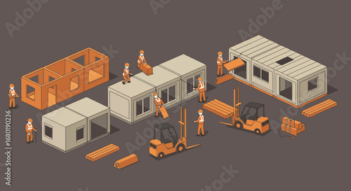 Construction Workers Assembling Modular Buildings with Forklifts.