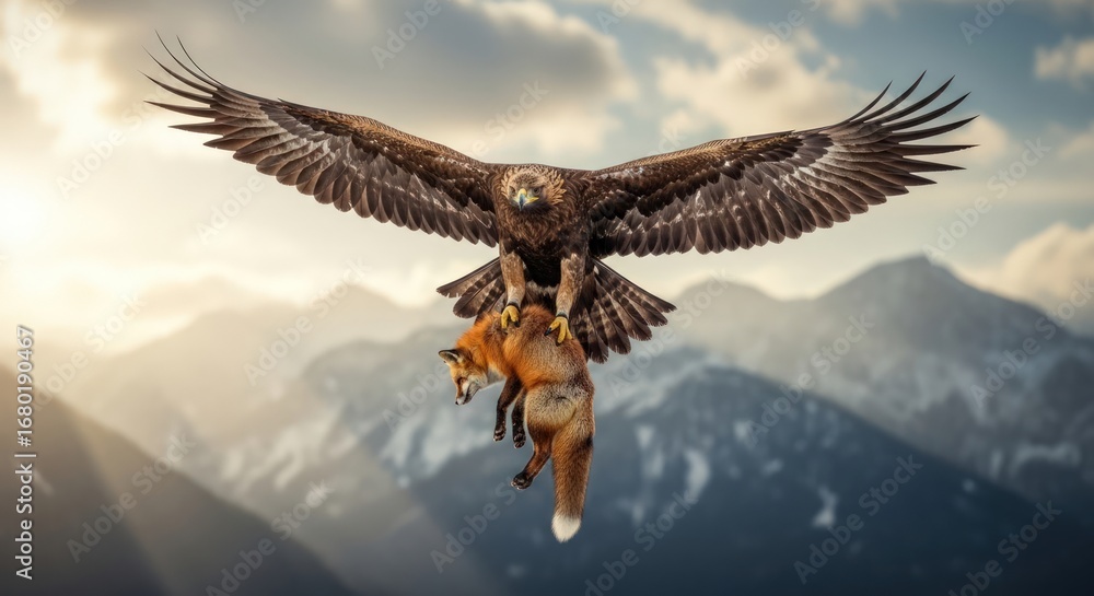 Obraz premium Golden Eagle Predation: Flying Eagle Carrying a Red Fox in its Talons over Mountain Landscape