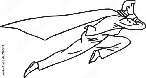 Dynamic Superhero Sketch with Flowing Cape and Determined Pose in Black and White Line Art Illustration Style