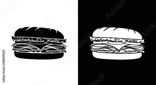 A large hamburger or cheeseburger, a black and white split icon representing classic American fast food and a hearty meal.