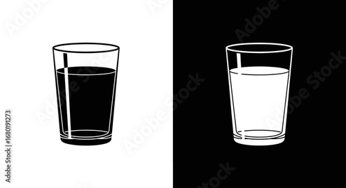 A simple glass of water or juice, a black and white split icon representing a drink, hydration, and refreshment.