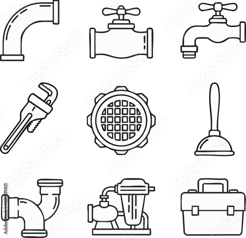 A modern collection of essential plumbing tools, pipes, and fixtures, depicted as clean, minimalist line art icons, perfect for home maintenance and utility designs.