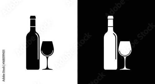 A bottle of wine with a glass, a black and white split icon representing a winery, fine dining, and alcoholic beverages.