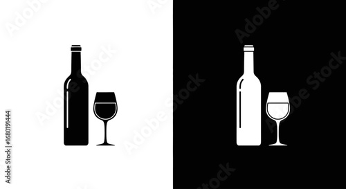 An outline style wine bottle and glass, a modern and elegant icon for a wine list, bar menu, or vineyard branding.