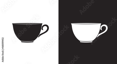 A classic coffee or tea cup, a simple black and white icon for a cafe, hot beverage, or morning routine.