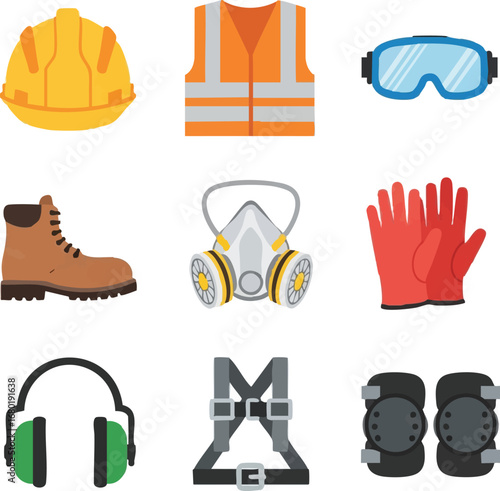 A comprehensive collection of essential personal protective equipment (PPE) items, crucial for worker safety in industrial and construction environments.