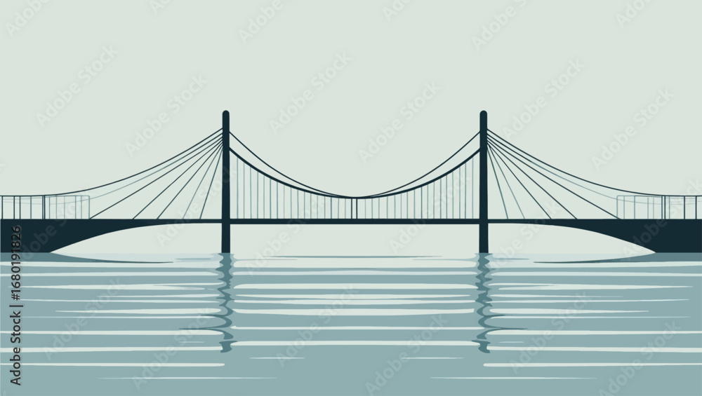 Fototapeta premium Modern suspension bridge over calm water reflecting in minimalist vector illustration