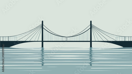 Modern suspension bridge over calm water reflecting in minimalist vector illustration