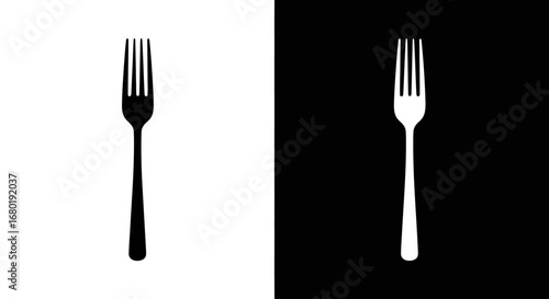 A classic dining fork, a black and white split-screen icon and a simple symbol for restaurants, eating, and tableware.
