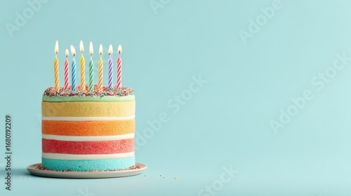 Colorful layered cake with lit candles on a light blue background (1)