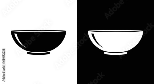 A simple soup or cereal bowl, a black and white split icon representing a meal, kitchenware, and dining.