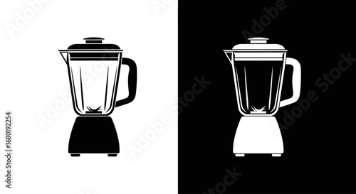 A kitchen blender, a black and white split icon representing a cooking appliance, smoothie making, and a healthy lifestyle.