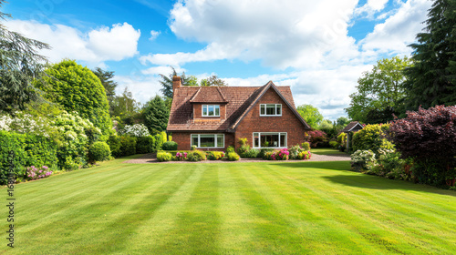 A red brick house with a green lawn and a garden, surrounded by trees and bushes, under a blue sky with white clouds.