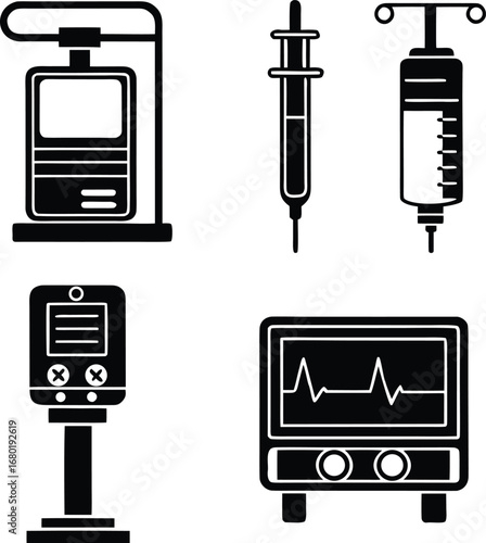 hospital, intensive, care, unit, equipment, icon, set, for, emergency, room, and, medical, monitoring, vector, technology