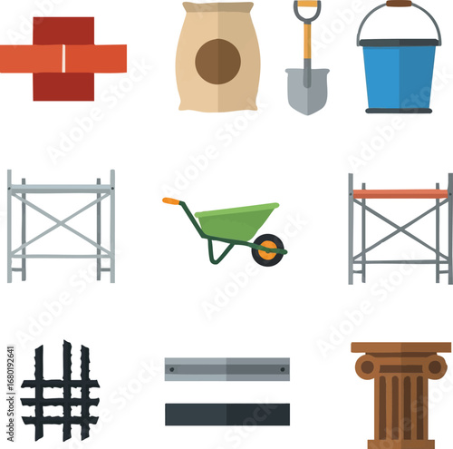 A vibrant flat design illustration showcasing essential tools, materials, and equipment used for construction, building, and renovation projects.