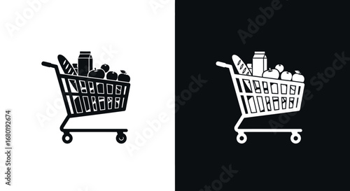 An outline style shopping cart full of food, a modern icon for an online grocery store, a delivery app, or a supermarket flyer.