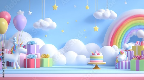 Pastel-colored, 3D birthday scene with unicorn, presents, cake, rainbow, and balloons
