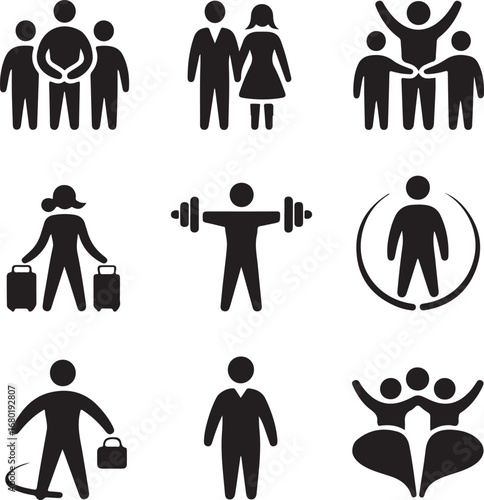 human, life, events, icon, set, with, family, relationship, travel, and, fitness, activity, vector
