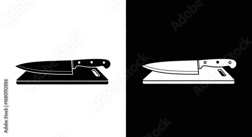 A chef's knife on a cutting board, a black and white split icon representing culinary arts, food preparation, and professional cooking.