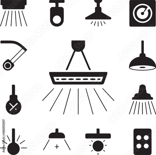 lighting, illumination, icon, set, with, different, types, of, lamp, and, light, fixture, vector