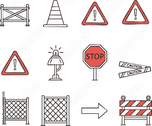 A modern collection of outline icons showcasing essential road safety, construction, and warning elements, ideal for illustrating cautionary information.