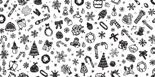 Festive Christmas Hand Drawn Seamless Pattern Background Featuring Tree Gifts Snowflakes And Holiday Season Symbols Celebratory Wallpaper Vector Design