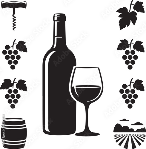 winemaking, elements, icon, set, for, viticulture, and, wine, tasting, with, vineyard, landscape, vector