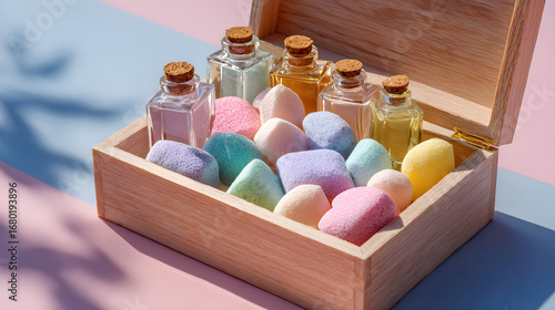 Open wooden gift box filled with colorful makeup sponges and miniature glass bottles, pastel-toned beauty product presentation --ar 16:9
