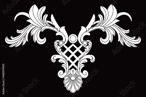 An intricate decorative design unfolds with symmetrical scrollwork and curves.