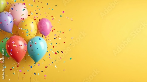 Colorful balloons and confetti on a bright yellow background