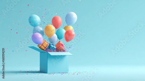 Pastel-colored gift box bursting with balloons and confetti on a light blue background