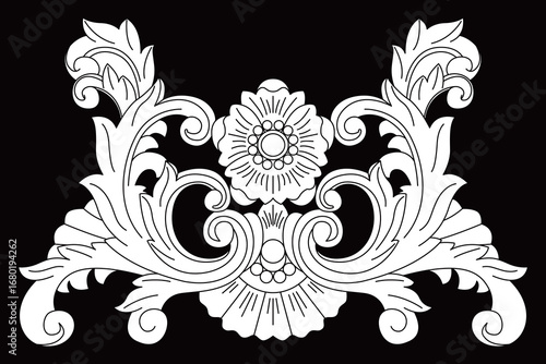A symmetrical classic ornate floral and leaf scroll design displays intricate elegance.