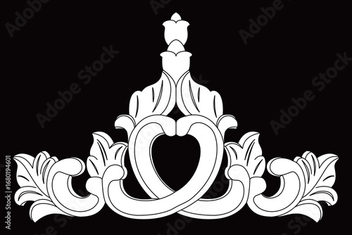 Detailed ornate classical wood carving design displays symmetrical elegant scroll work.