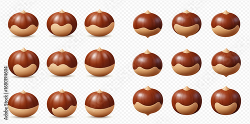 A collection of shiny brown chestnuts with their lower parts peeled, arranged on a transparent background.