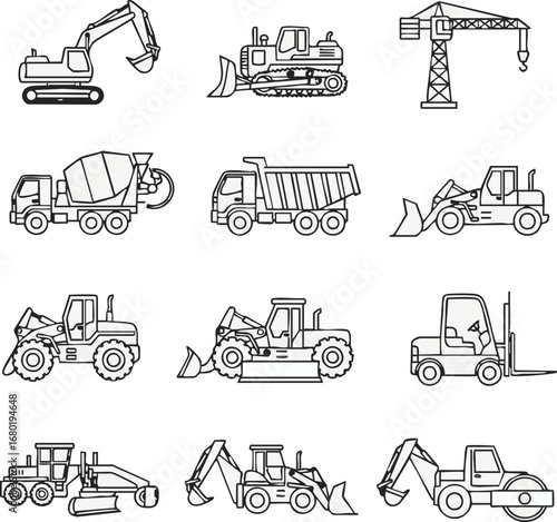 A comprehensive collection of various heavy construction vehicles and industrial machinery depicted in clean, minimalist black and white outline illustrations, perfect for design resources.