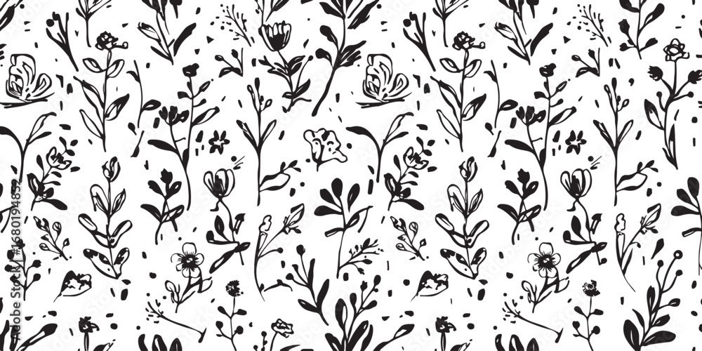 Fototapeta premium Hand Drawn Botanical Pattern with Flowers and Leaves in Black and White for Textile Design and Wallpaper Art Prints