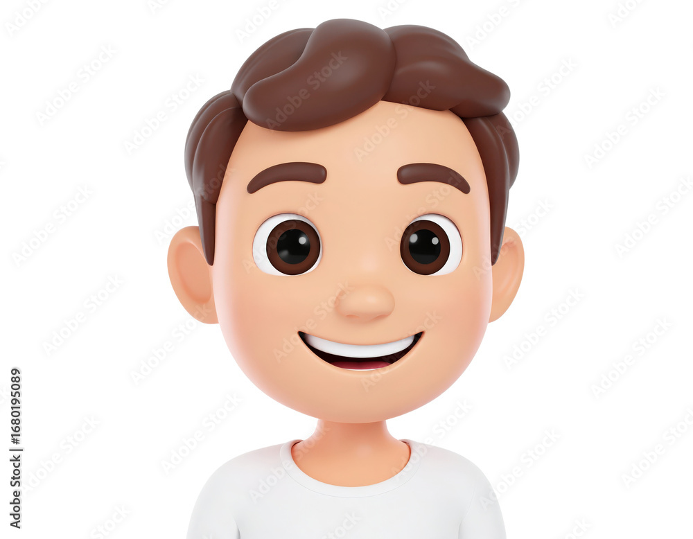 Fototapeta premium 3D Cartoon Rendering of a Smiling Young Man with Brown Hair.