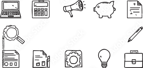 Hand drawn business and finance icons representing a wide range of concepts like saving money innovation and online business activities