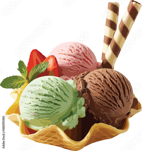 Delicious ice cream scoops in waffle bowl with chocolate sticks, mint leaves, strawberries, colorful frozen dessert, sweet treat, vector illustration, summer food design