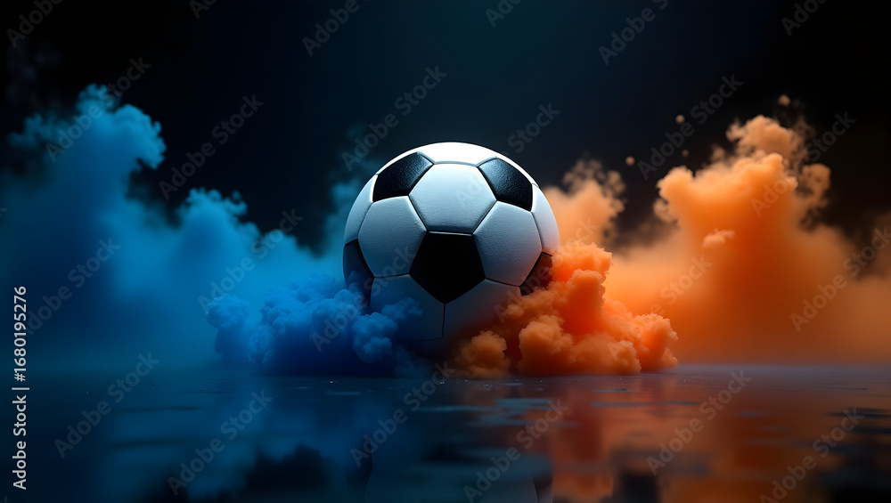 Fototapeta premium Soccer ball with blue and orange smoke on a wet reflective surface with dark background football sport