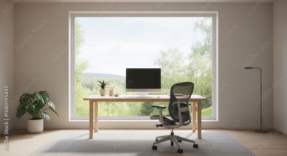 Obraz premium Bright and Modern Home Office with Forest View, Featuring Wooden Desk, Ergonomic Chair, and Green Plants by a Large Window