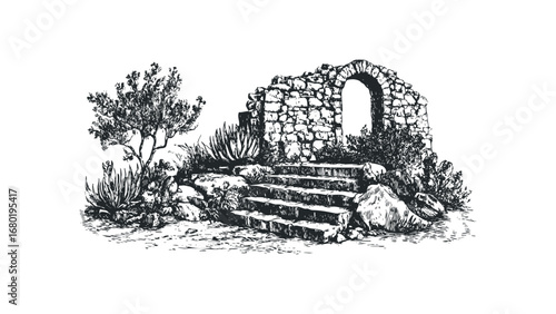 Hand Drawn Stone Archway With Staircase and Desert Vegetation. Vector hand drawn illustration