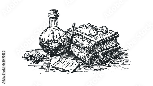 Vintage ink sketch of stacked books with spectacles, a glass vial, and scattered papers. Vector hand drawn illustration
